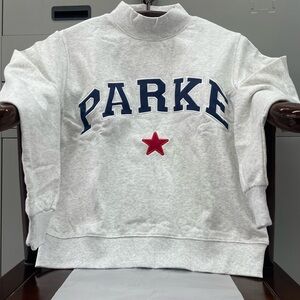 Parke Women's Gray Mockneck Heritage Sweatshirt with Red Star and Navy Lettering